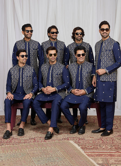 Blue Art Banarasi Silk Patten Pcs Festival Wear Readymade Kurta Pajama With Jacket SW556124