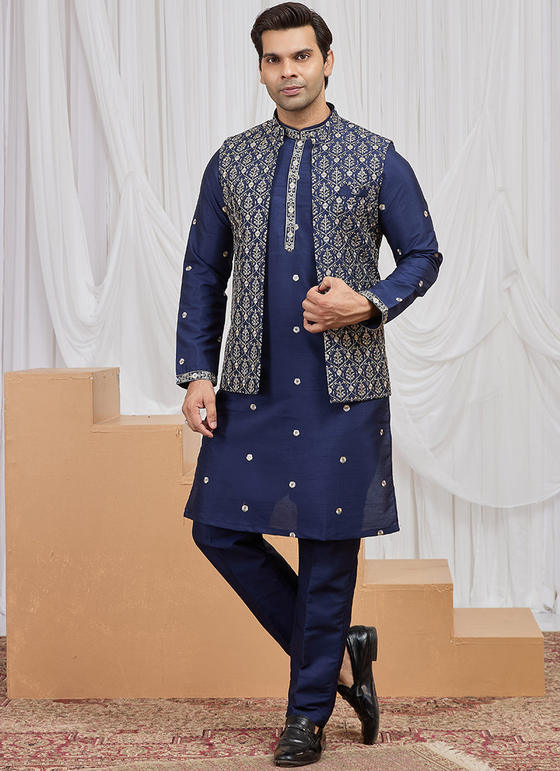 Blue Art Banarasi Silk Patten Pcs Festival Wear Readymade Kurta Pajama With Jacket SW556124