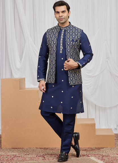 Blue Art Banarasi Silk Patten Pcs Festival Wear Readymade Kurta Pajama With Jacket SW556124