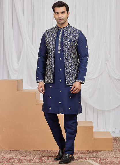 Blue Art Banarasi Silk Patten Pcs Festival Wear Readymade Kurta Pajama With Jacket SW556124