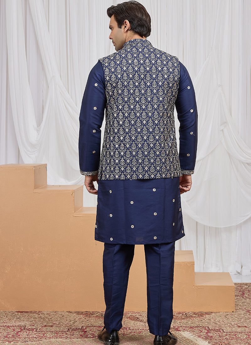 Blue Art Banarasi Silk Patten Pcs Festival Wear Readymade Kurta Pajama With Jacket SW556124