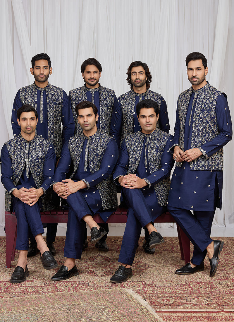 Blue Art Banarasi Silk Patten Pcs Festival Wear Readymade Kurta Pajama With Jacket SW556124