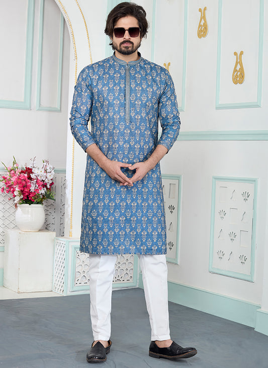 Blue Art Silk Pintux Eid Wear Readymade Kurta Pajama SW973711