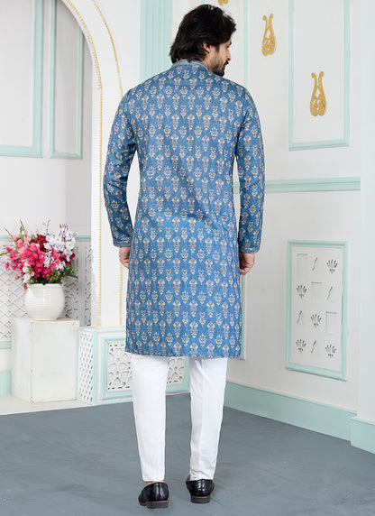 Blue Art Silk Pintux Eid Wear Readymade Kurta Pajama SW973711