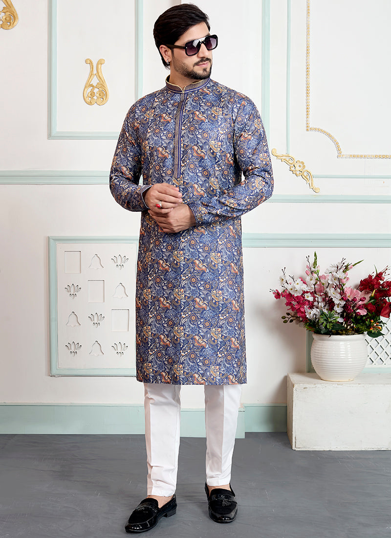 Blue Art Silk Pintux Eid Wear Readymade Kurta Pajama SW793740