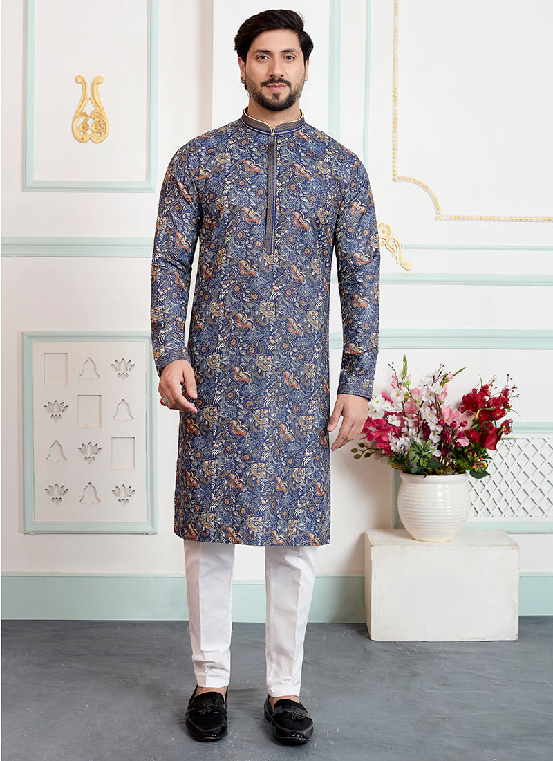Blue Art Silk Pintux Eid Wear Readymade Kurta Pajama SW793740