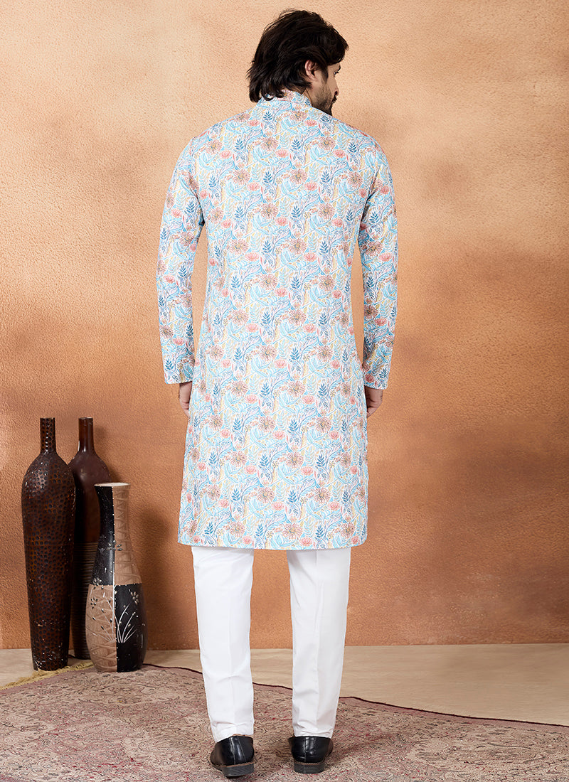 Blue Art Silk Pattern Pcs Festival Wear Readymade Kurta Pajama SW104555