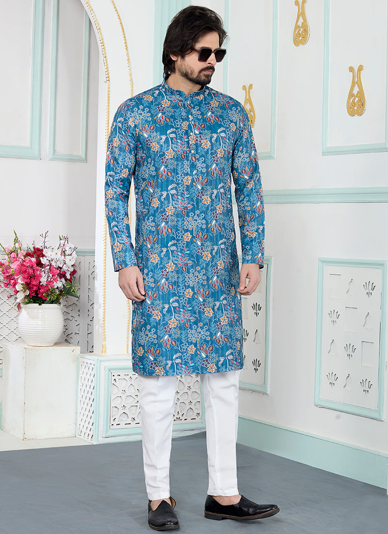 Blue Art Silk Pattern Pcs Festival Wear Readymade Kurta Pajama SW256819