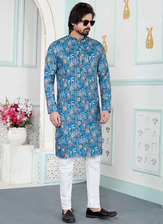 Blue Art Silk Pattern Pcs Festival Wear Readymade Kurta Pajama SW256819