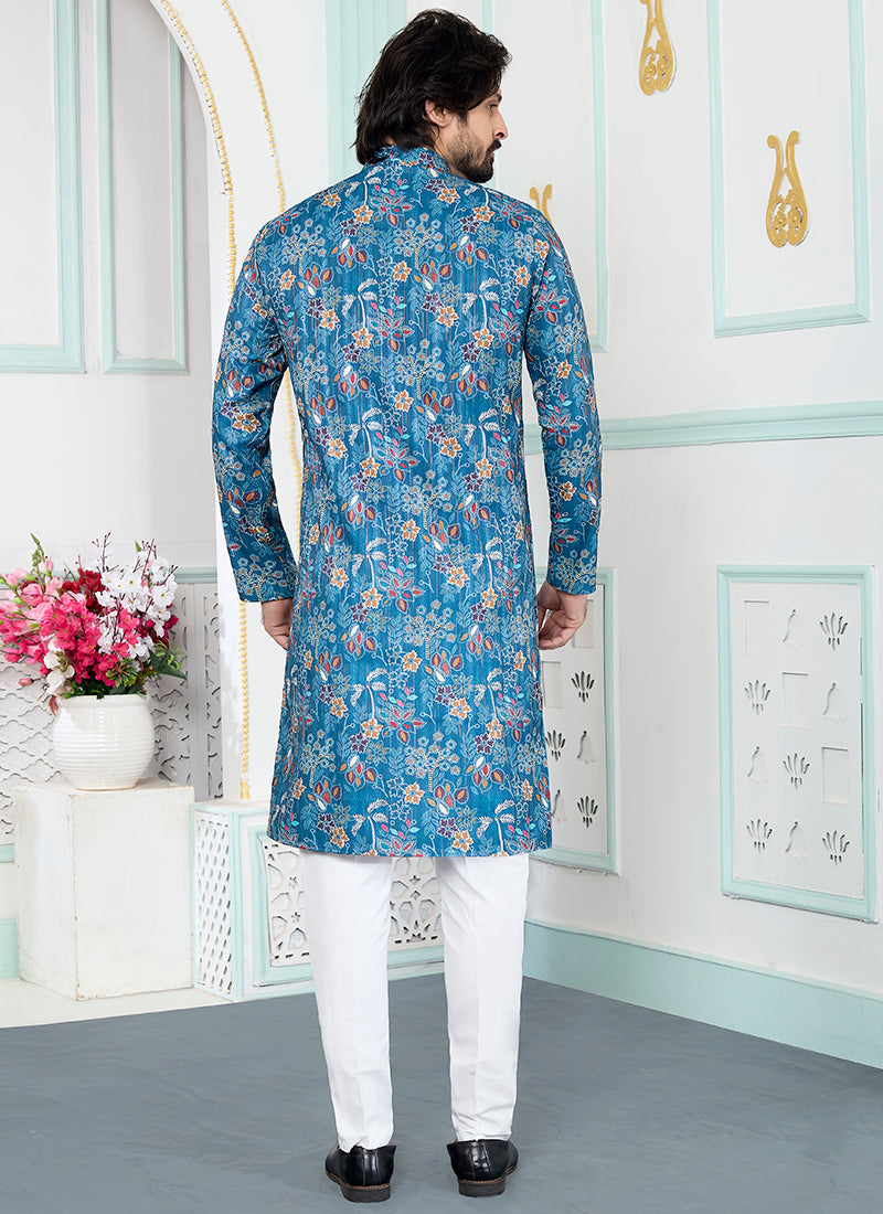 Blue Art Silk Pattern Pcs Festival Wear Readymade Kurta Pajama SW256819