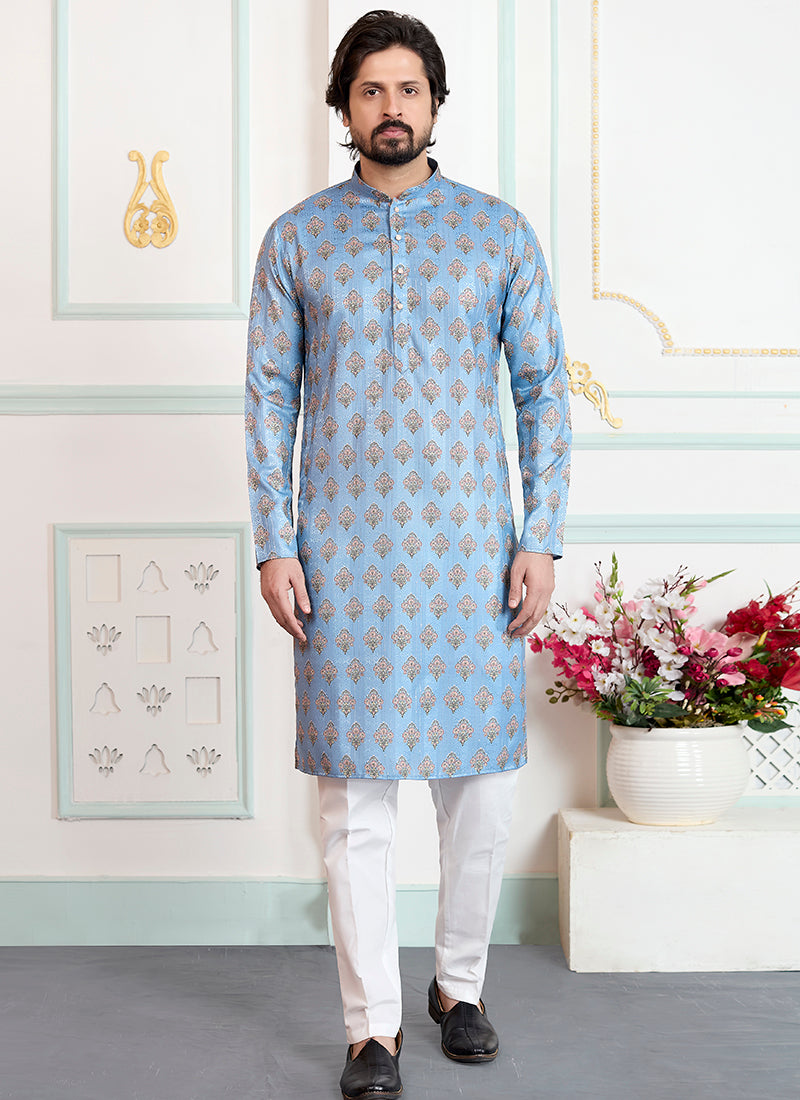 Blue Art Silk Pattern Pcs Festival Wear Readymade Kurta Pajama SW832963