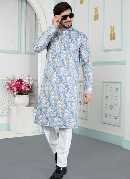 Blue Art Silk Pattern Pcs Festival Wear Readymade Kurta Pajama SW958518