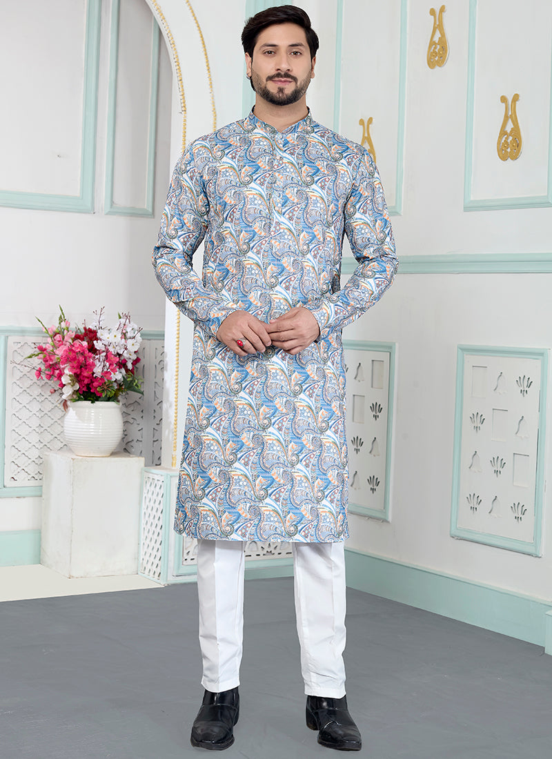 Blue Art Silk Pattern Pcs Festival Wear Readymade Kurta Pajama SW958518