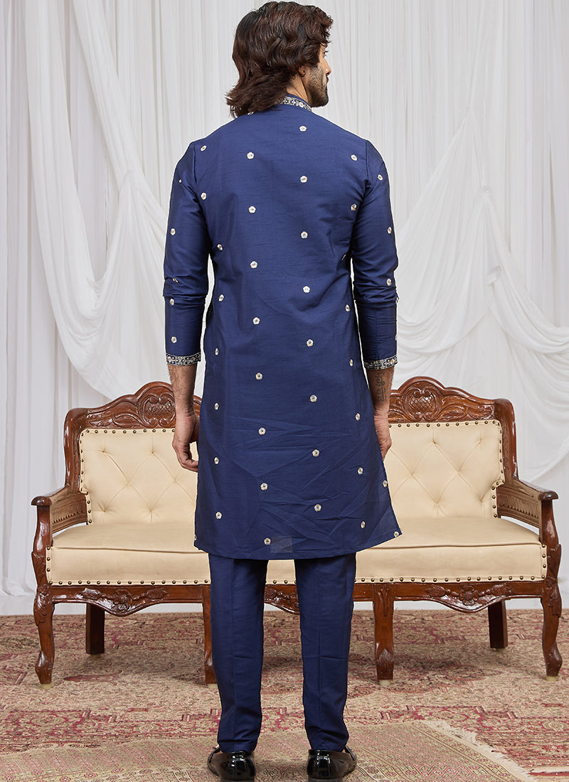 Blue Art Silk Patten Pcs Occasional Wear Readymade Kurta Pajama With Stole SW511286