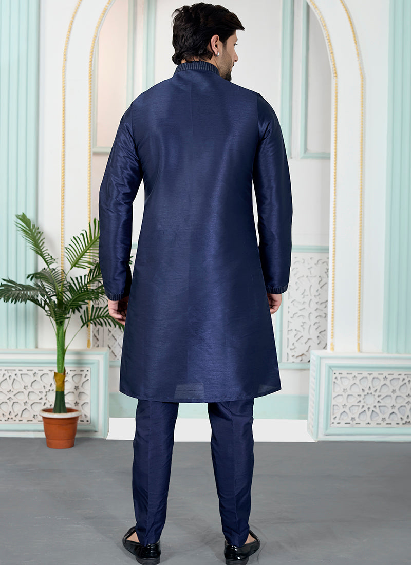 Blue Art Silk Pintux Occasional Wear Readymade Kurta Pajama SW487640