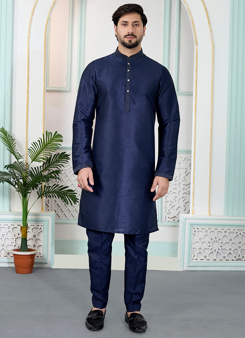 Blue Art Silk Pintux Occasional Wear Readymade Kurta Pajama SW487640