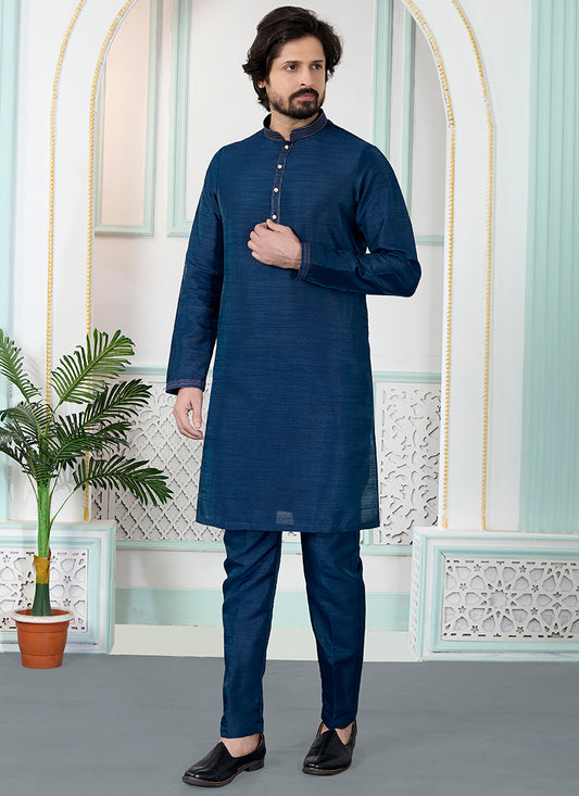 Blue Art Silk Pintux Occasional Wear Readymade Kurta Pajama SW326308