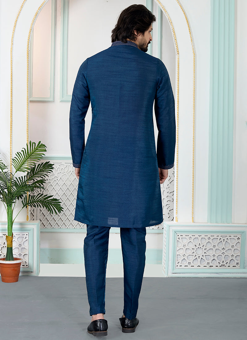 Blue Art Silk Pintux Occasional Wear Readymade Kurta Pajama SW326308