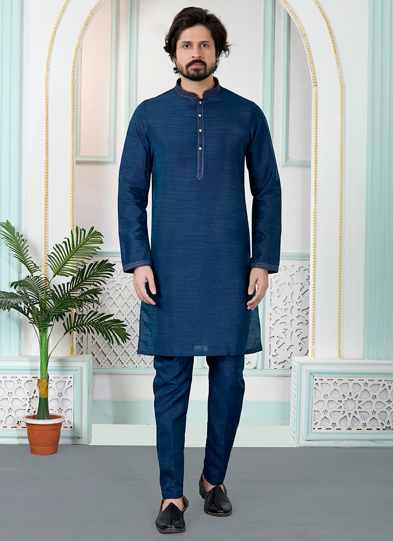 Blue Art Silk Pintux Occasional Wear Readymade Kurta Pajama SW326308
