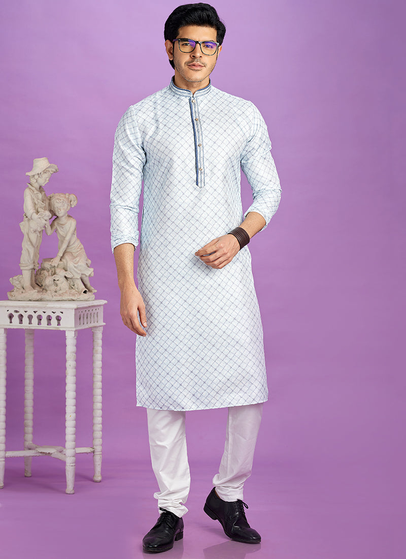 Blue Cotton Pintux Work Festival Wear Readymade Kurta Pajama SW356287
