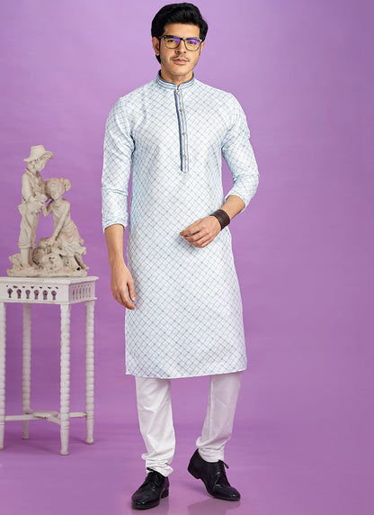 Blue Cotton Pintux Work Festival Wear Readymade Kurta Pajama SW356287