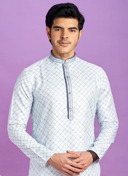 Blue Cotton Pintux Work Festival Wear Readymade Kurta Pajama SW356287
