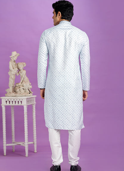 Blue Cotton Pintux Work Festival Wear Readymade Kurta Pajama SW356287
