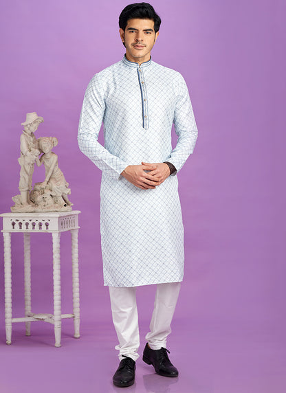 Blue Cotton Pintux Work Festival Wear Readymade Kurta Pajama SW356287