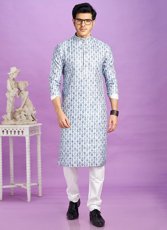 Blue Cotton Pintux Work Festival Wear Readymade Kurta Pajama SW797938