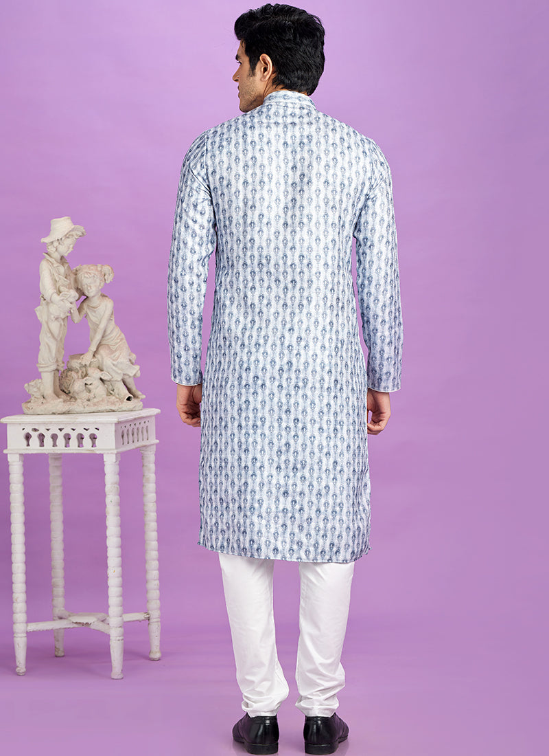 Blue Cotton Pintux Work Festival Wear Readymade Kurta Pajama SW797938