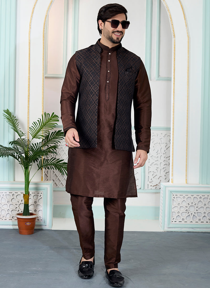 Brown Art Banarasi Silk Pintux Wedding Wear Readymade Modi Jacket Kurta Pajama SW244469