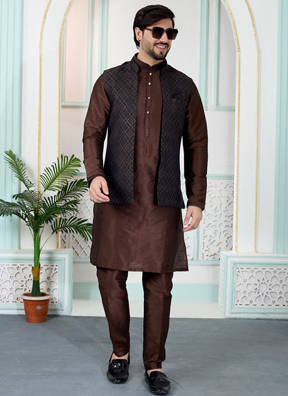 Brown Art Banarasi Silk Pintux Wedding Wear Readymade Modi Jacket Kurta Pajama SW244469