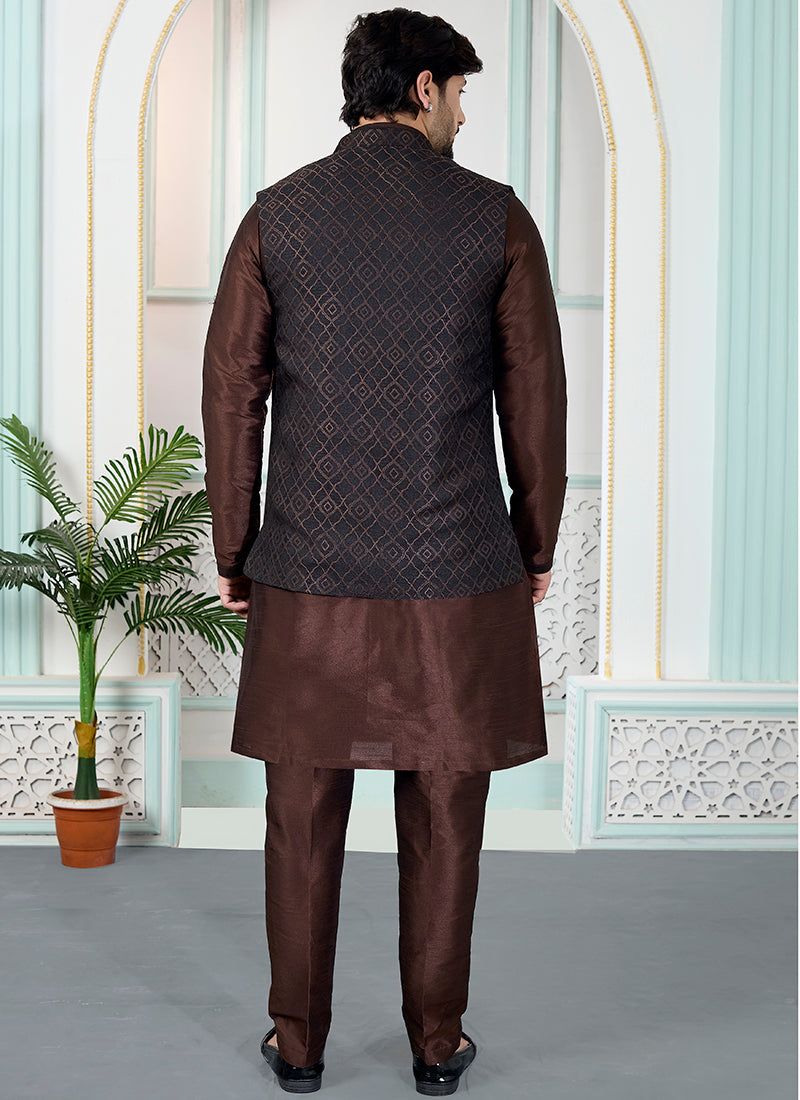 Brown Art Banarasi Silk Pintux Wedding Wear Readymade Modi Jacket Kurta Pajama SW244469