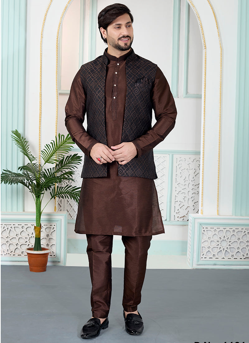 Brown Art Banarasi Silk Pintux Wedding Wear Readymade Modi Jacket Kurta Pajama SW244469