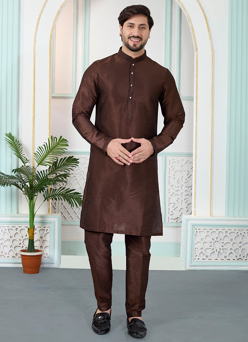 Brown Art Silk Pintux Occasional Wear Readymade Kurta Pajama SW217181