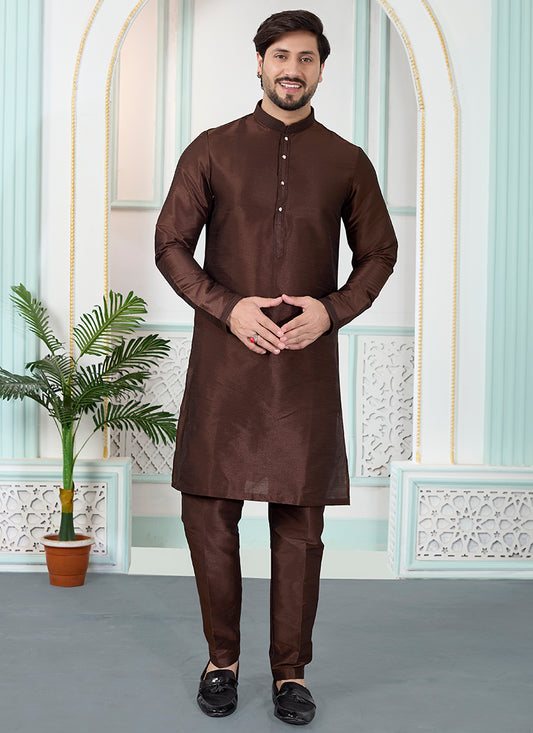 Brown Art Silk Pintux Occasional Wear Readymade Kurta Pajama SW217181