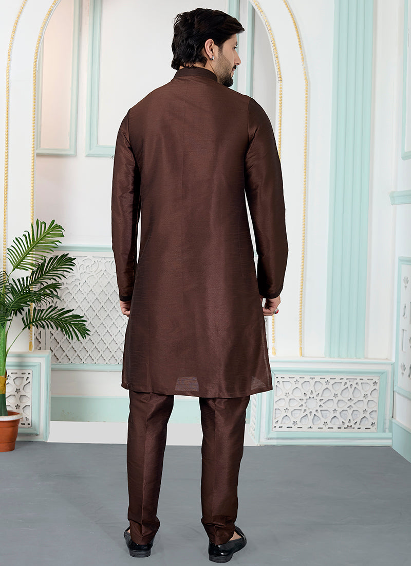 Brown Art Silk Pintux Occasional Wear Readymade Kurta Pajama SW217181