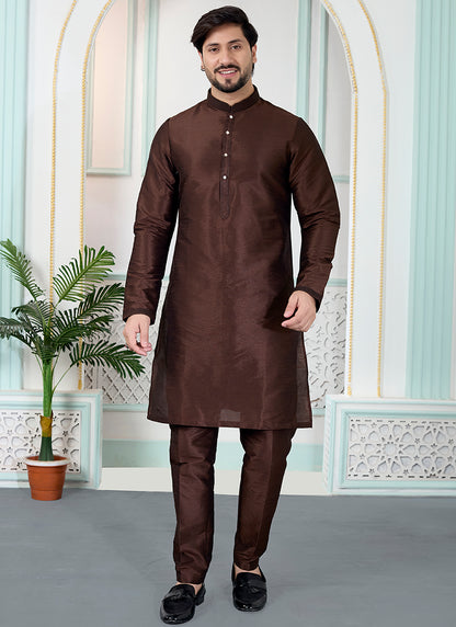 Brown Art Silk Pintux Occasional Wear Readymade Kurta Pajama SW217181