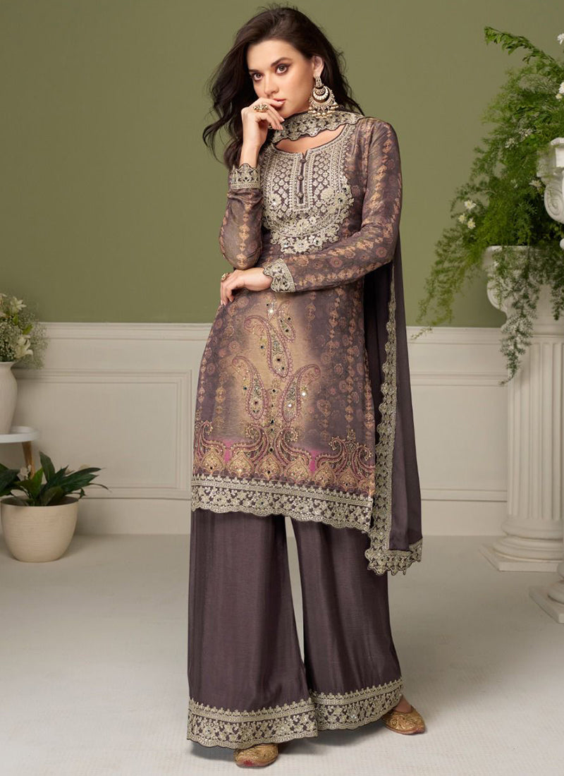 Brown Chinon Embroidery Work Festival Wear Readymade Plazzo Suit SW658591