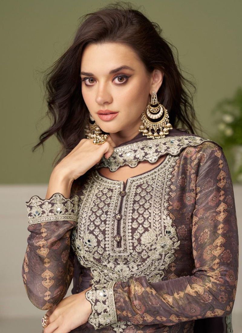 Brown Chinon Embroidery Work Festival Wear Readymade Plazzo Suit SW658591