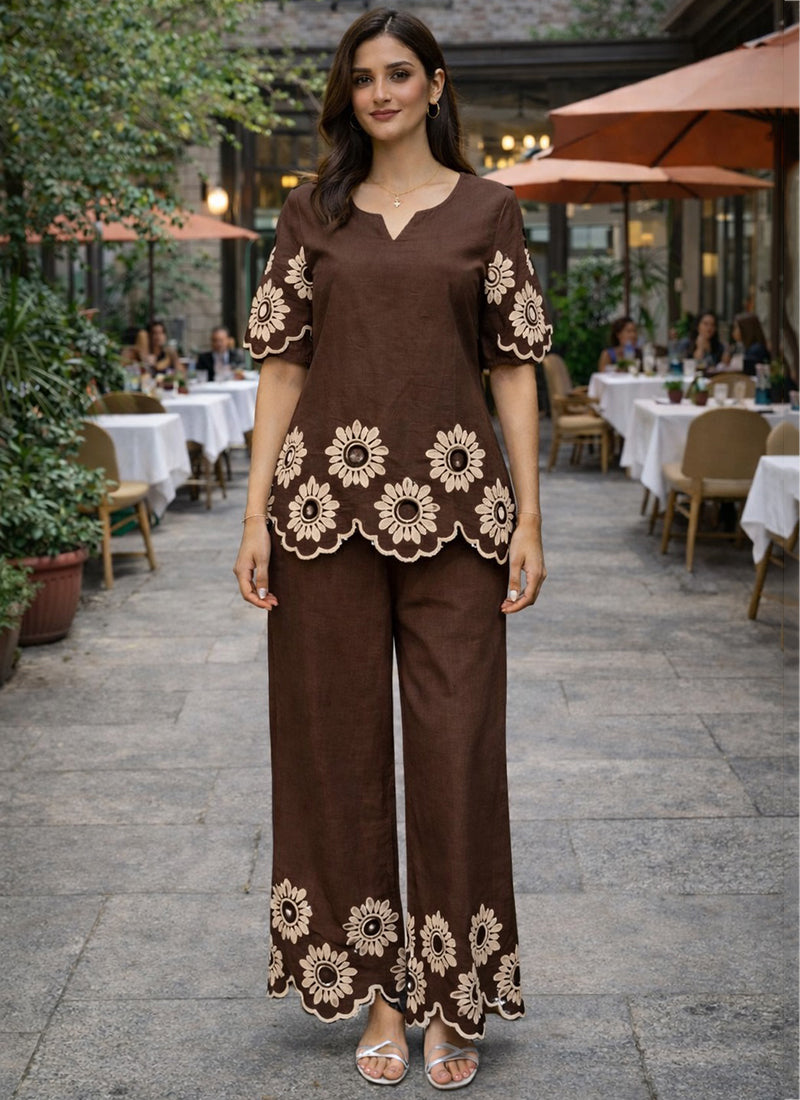 Brown Cotton Stitch Work Daily Wear Readymade Cord Set SW618844