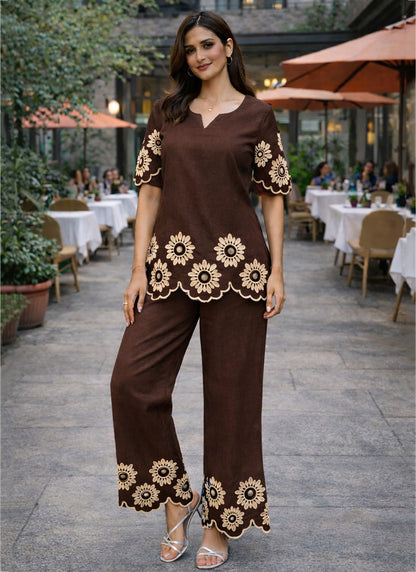 Brown Cotton Stitch Work Daily Wear Readymade Cord Set SW618844