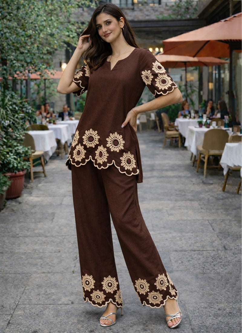 Brown Cotton Stitch Work Daily Wear Readymade Cord Set SW618844