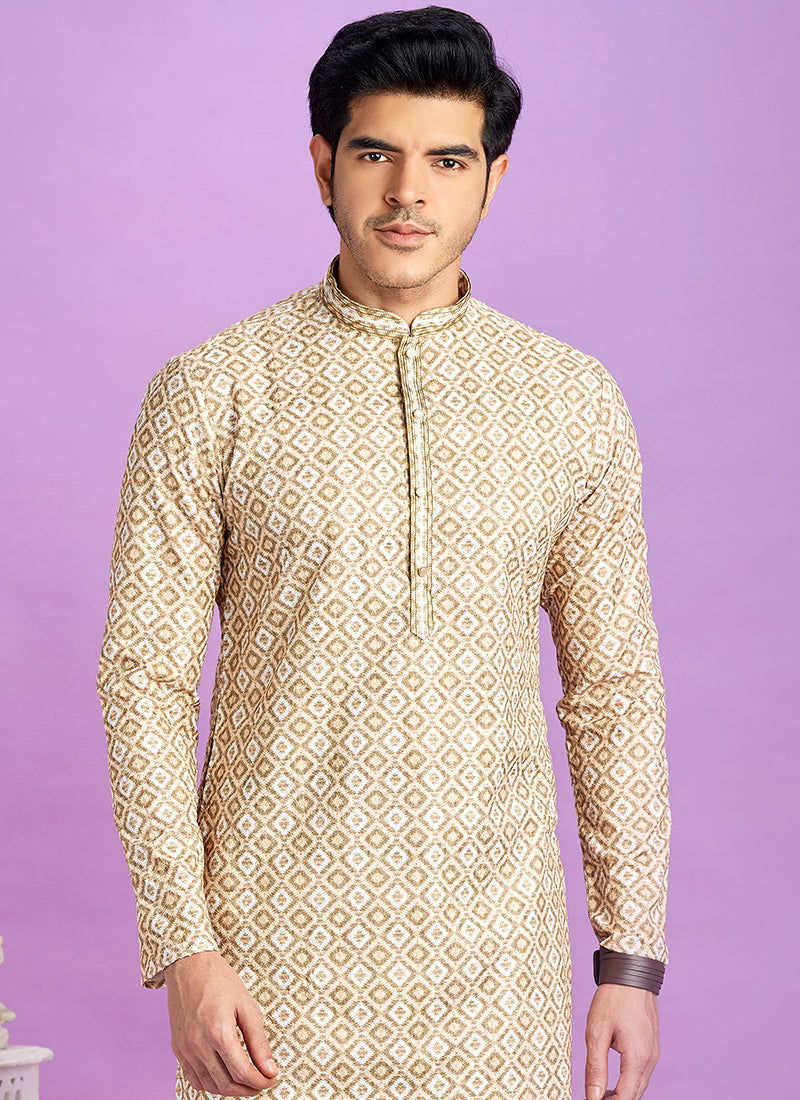 Brown Cotton Pintux Work Festival Wear Readymade Kurta Pajama SW113739