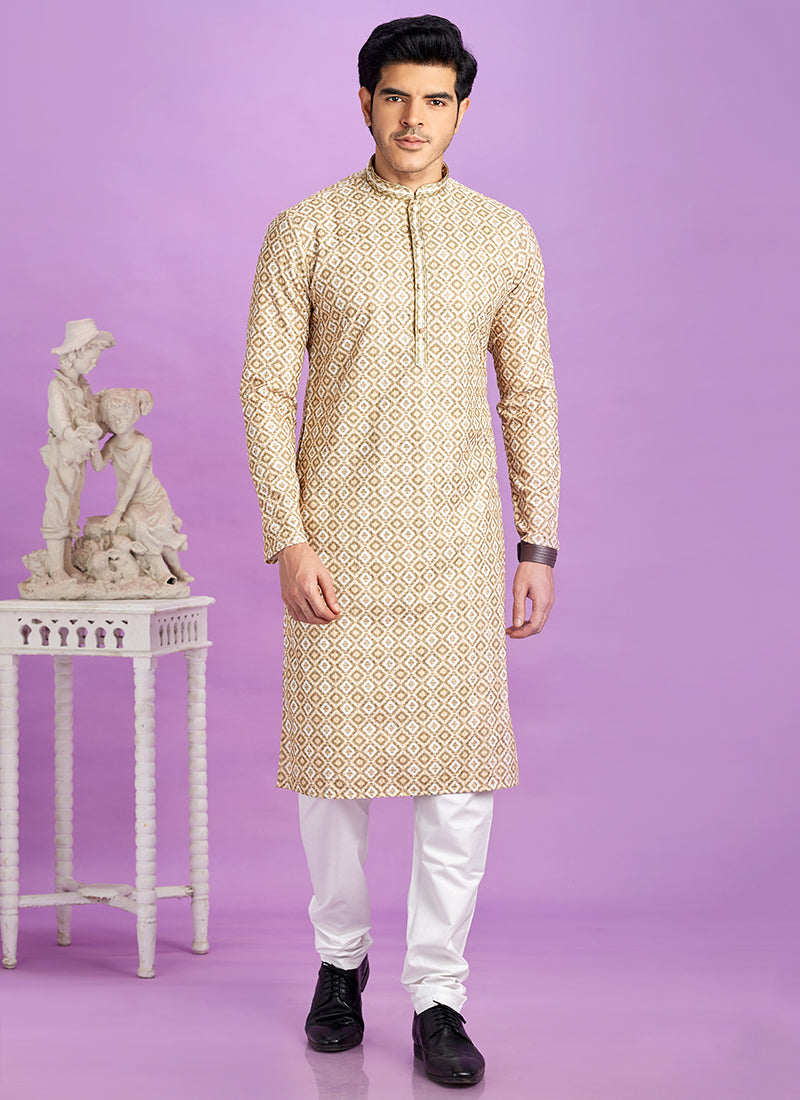 Brown Cotton Pintux Work Festival Wear Readymade Kurta Pajama SW113739