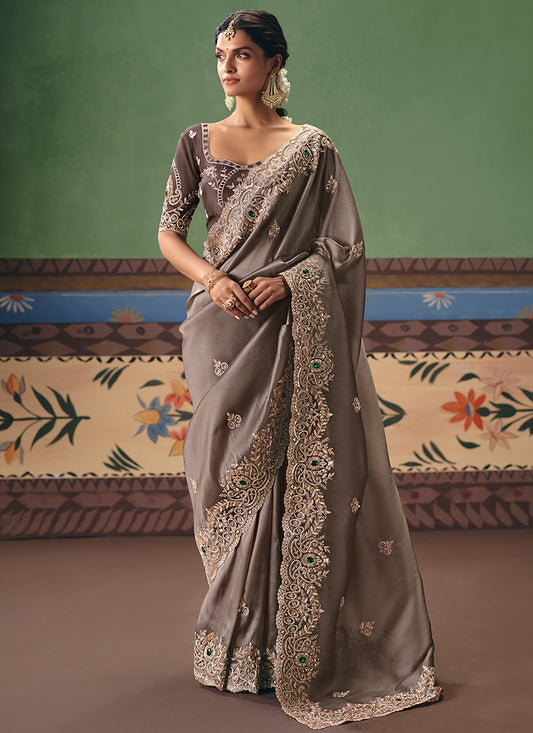 Brown Fancy Embroidery Work Wedding Wear Saree SW612703