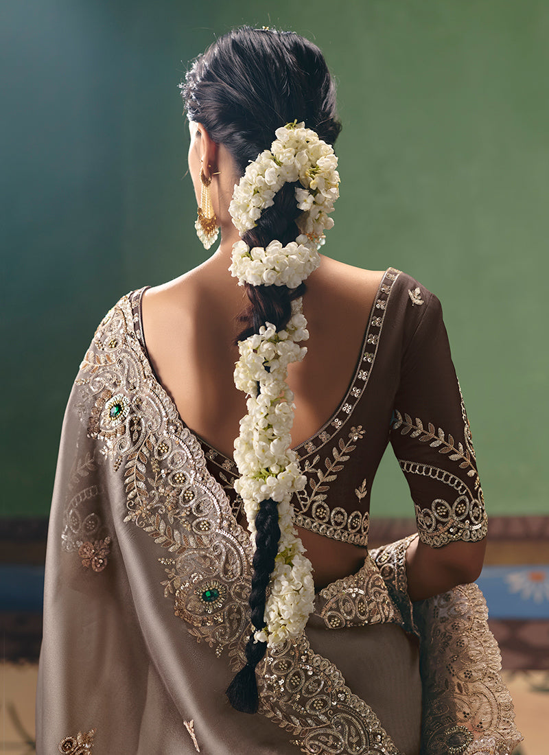 Brown Fancy Embroidery Work Wedding Wear Saree SW612703