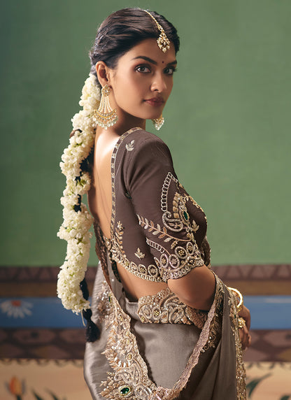 Brown Fancy Embroidery Work Wedding Wear Saree SW612703
