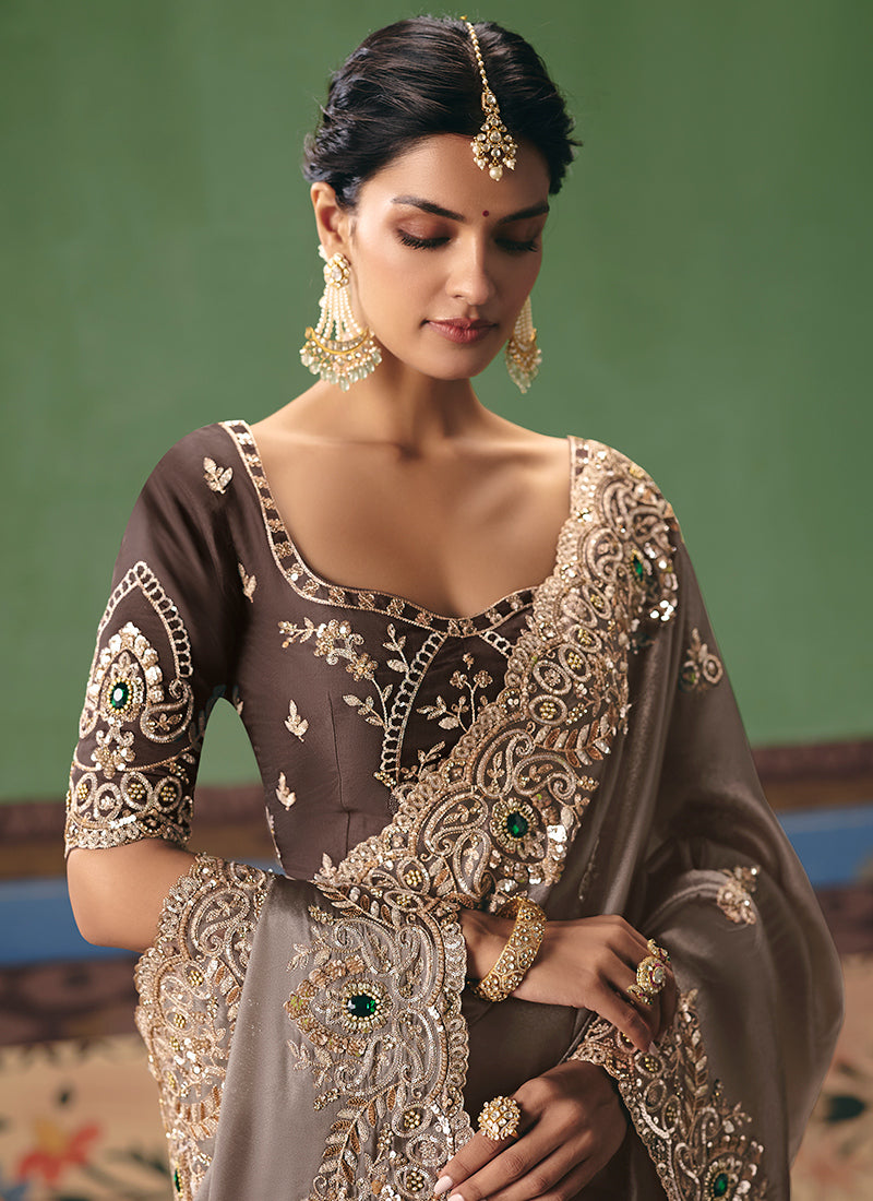 Brown Fancy Embroidery Work Wedding Wear Saree SW612703