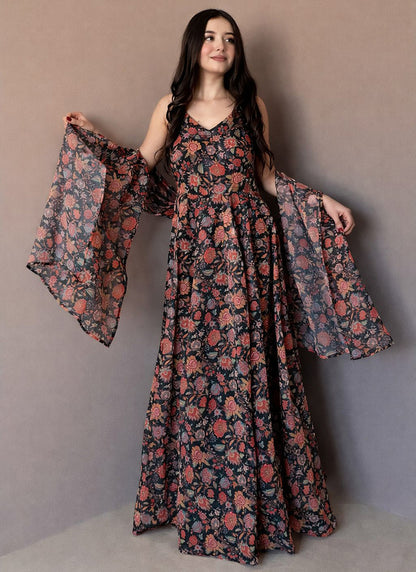 Brown Organza Printed Work Party Wear Readymade Gown With Dupatta SW330535